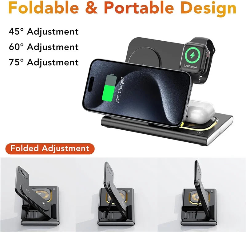 Carregador Sem Fio 3 Em 1 Dobrável 300W com Suporte de Mesa para Carregamento Rápido para iPhone 16 15 14 13, Samsung, Apple Watch e Airpods