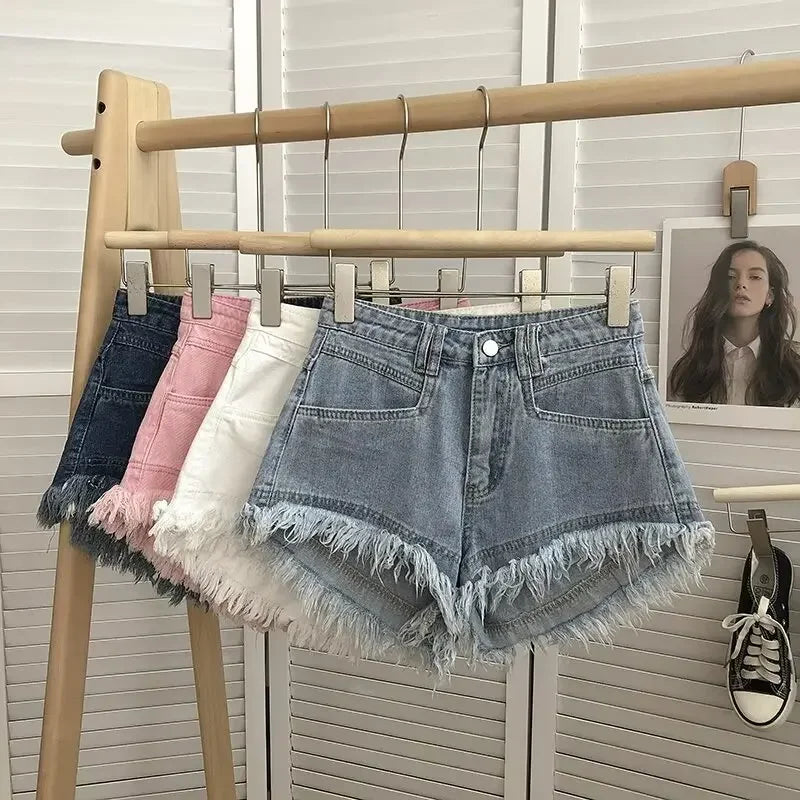 Shorts jeans com franjas avermelhadas rosa verão feminino novo nicho emagrecimento cintura alta picante menina linha A calças de calor de perna larga
