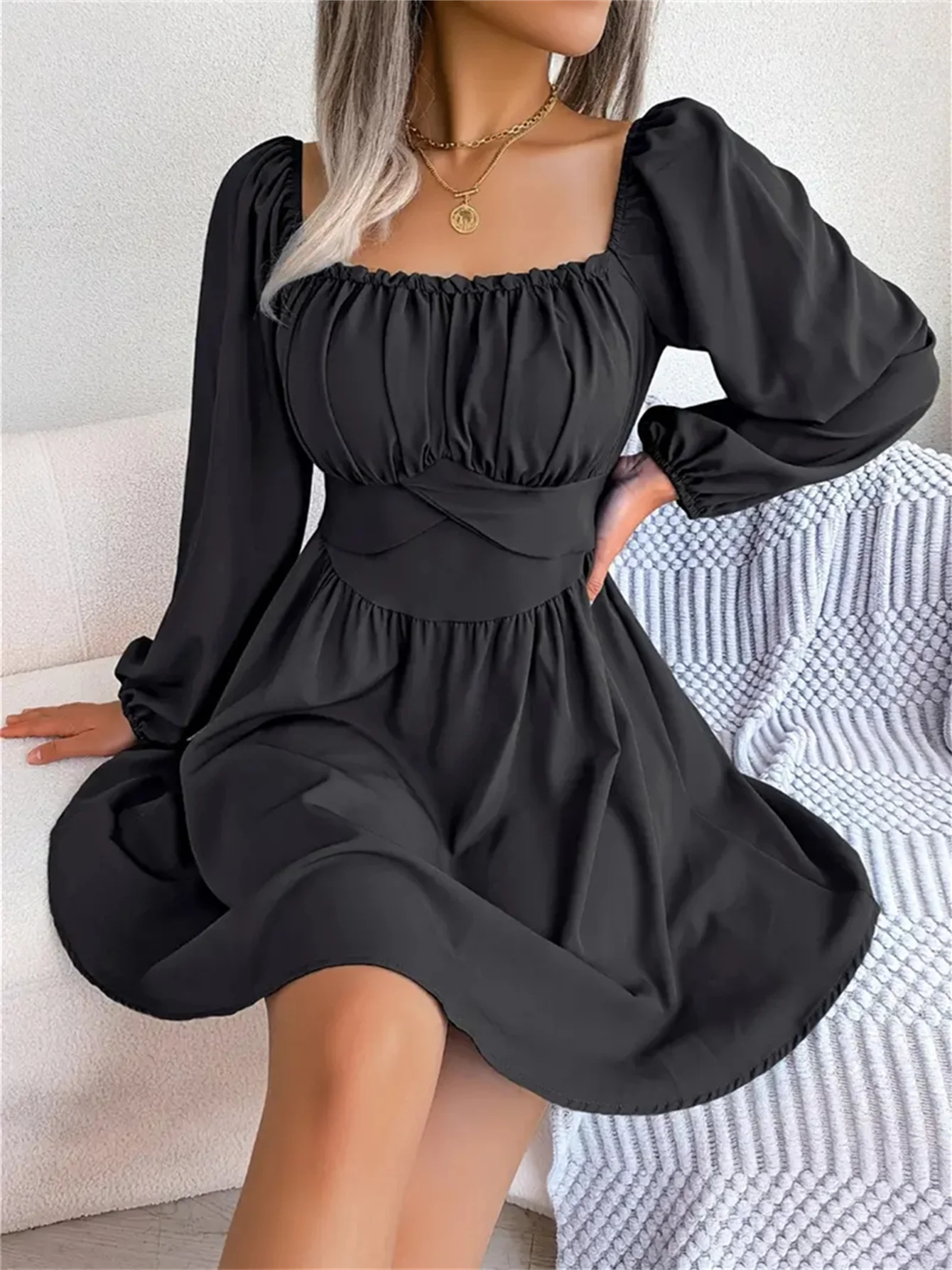 Vestido Casual Franzido com Decote Quadrado e Manga Longa com Acabamento em Babados para Primavera e Outono, Roupas Femininas