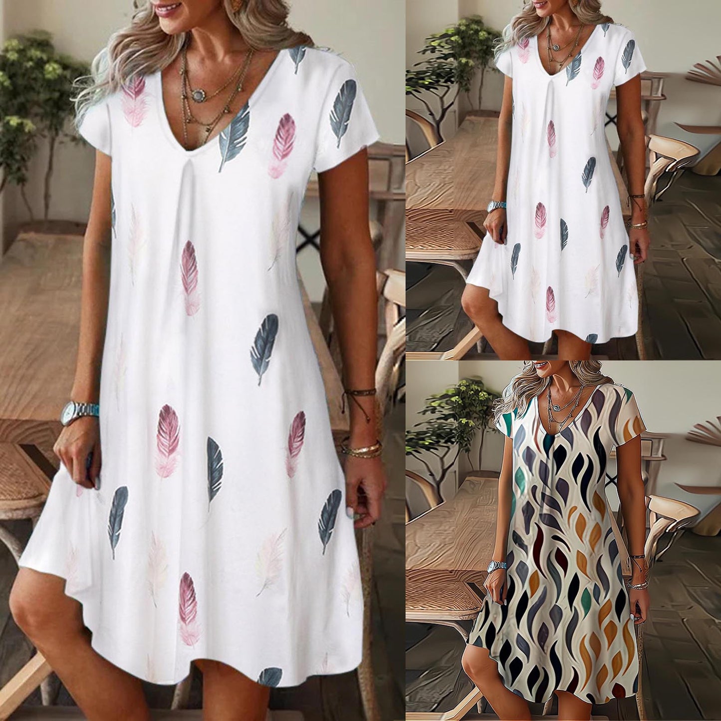 Vestidos com estampa de penas Mulheres Verão 2025 Roupas Manga Curta Decote em V Mini Vestido Elegante Boêmio Moda Vestido de verão Vestidos de praia