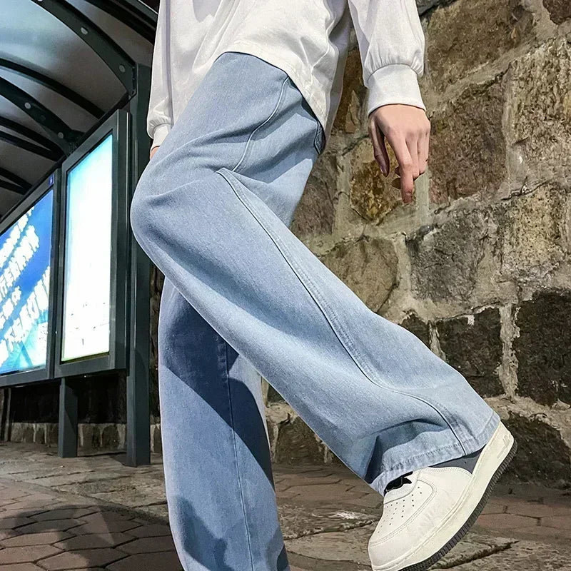 2024 Novo Streetwear Jeans Solto Masculino Estilo Coreano Moda Solta Reta Perna Larga Calças Masculinas Roupas de Marca Preto Azul Claro