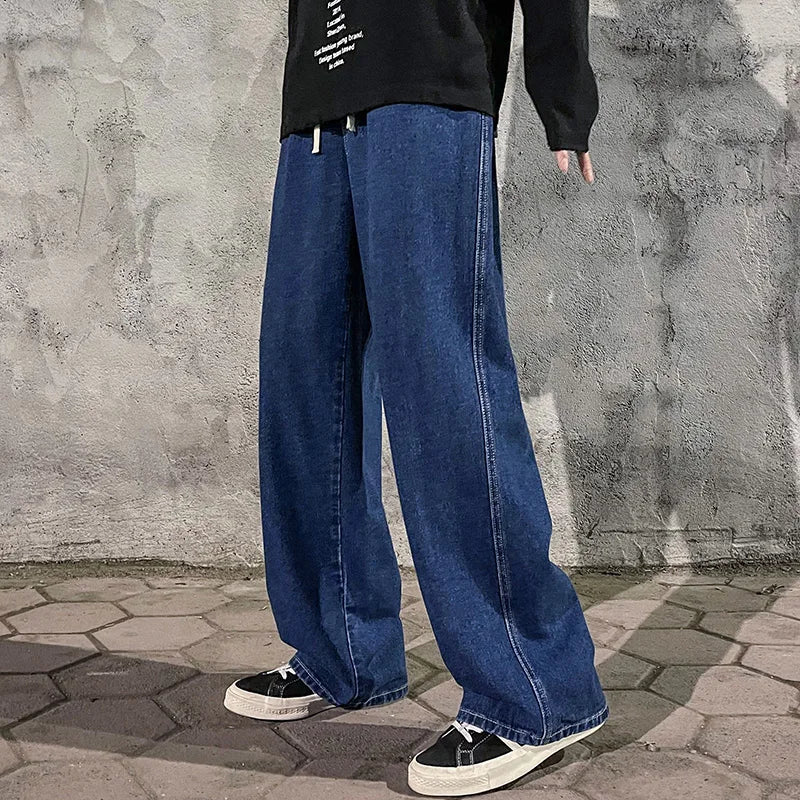 2024 Novo Streetwear Jeans Solto Masculino Estilo Coreano Moda Solta Reta Perna Larga Calças Masculinas Roupas de Marca Preto Azul Claro