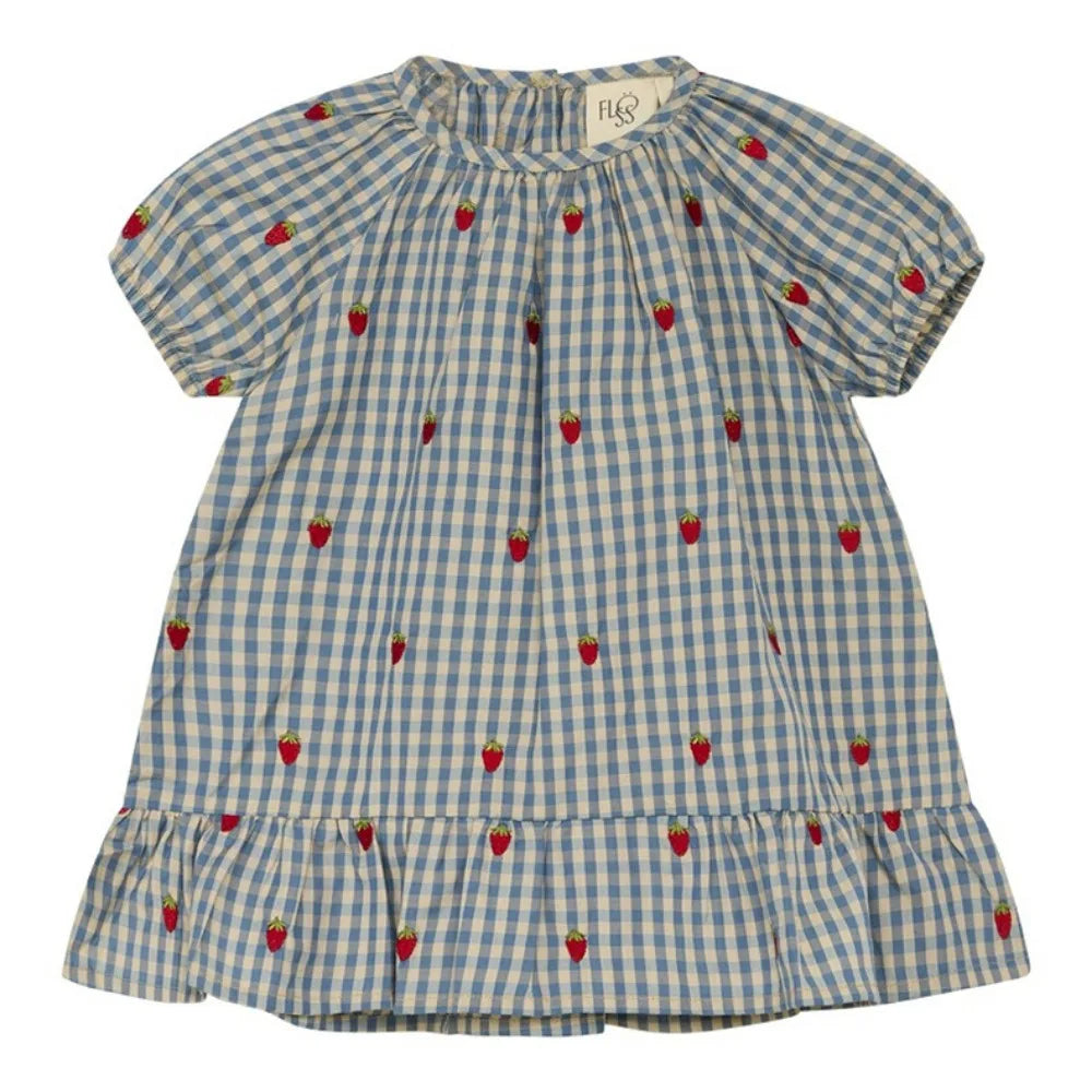 2024 Verão Floess Roupas Infantis Bebê Meninas Vestido de Algodão Xadrez Morango Manga Curta Camisetas Shorts Ternos Roupas Infantis