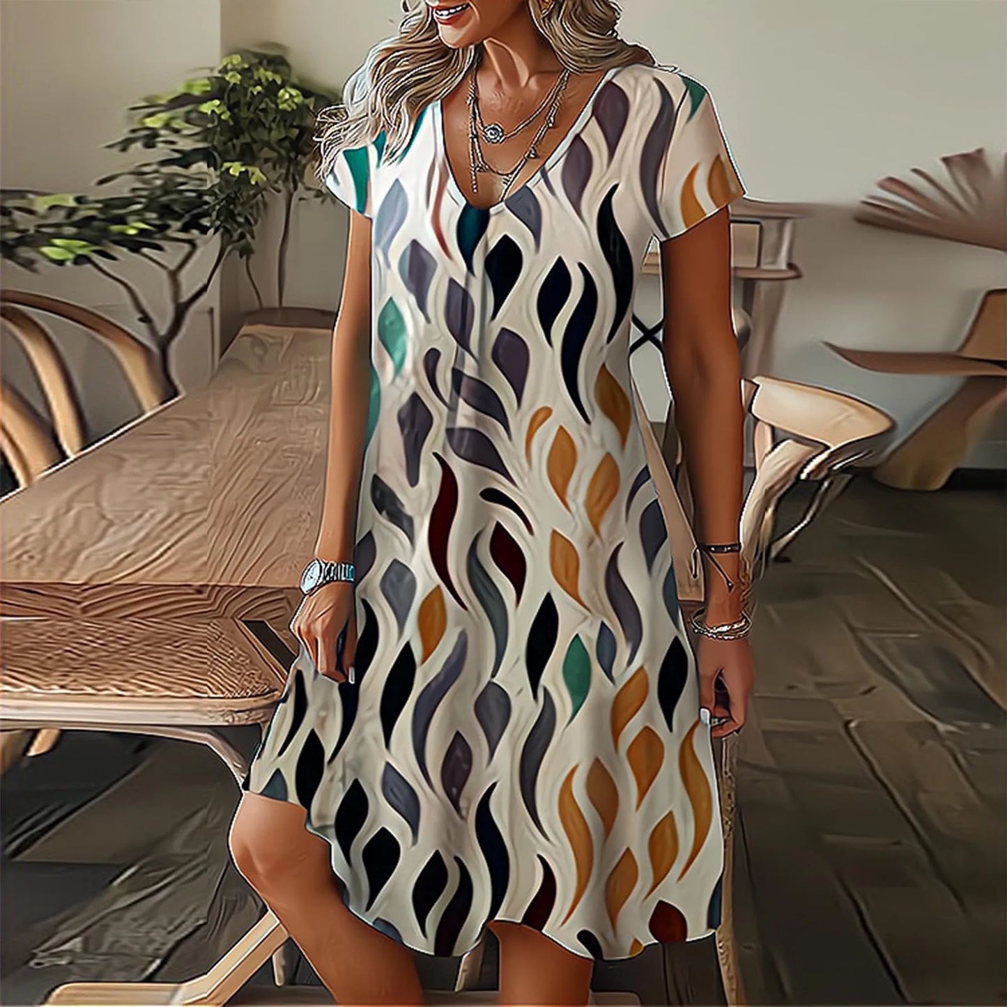 Vestidos com estampa de penas Mulheres Verão 2025 Roupas Manga Curta Decote em V Mini Vestido Elegante Boêmio Moda Vestido de verão Vestidos de praia