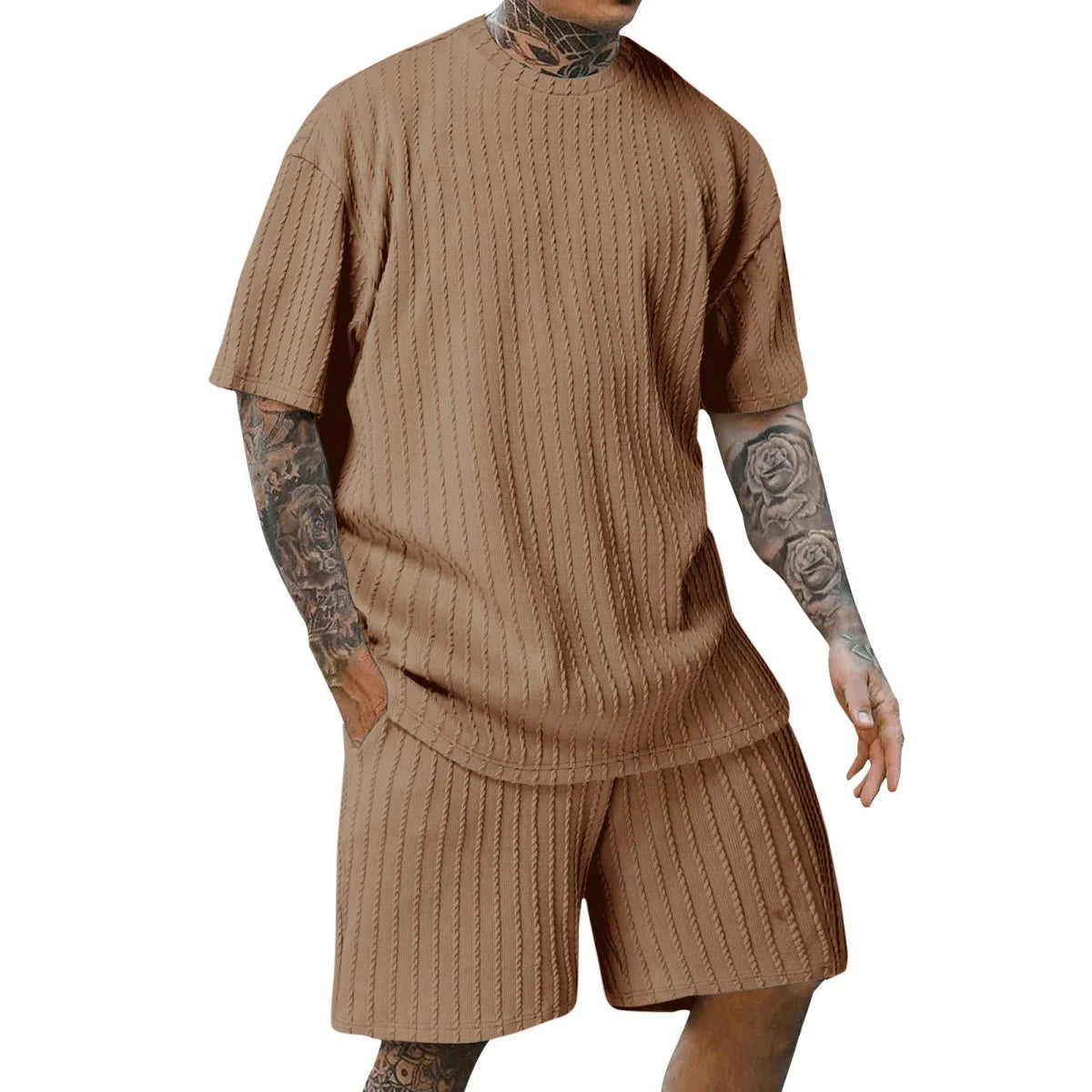 Nova moda masculina esportes de verão cor sólida gola vertical listra T-shirt shorts terno de manga curta
