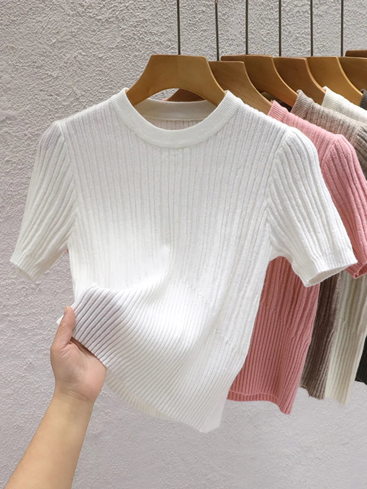 Camisetas de verão para mulheres Casual Feminino Coreano Malha Streetwear Tees Básico Sólido Jovem Cool Tops