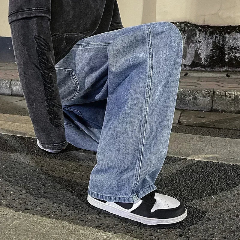 2024 Novo Streetwear Jeans Solto Masculino Estilo Coreano Moda Solta Reta Perna Larga Calças Masculinas Roupas de Marca Preto Azul Claro