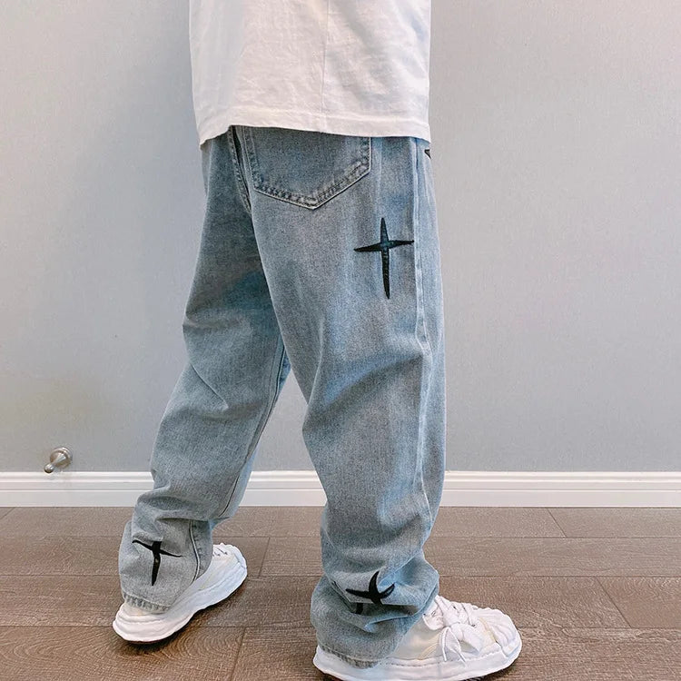 Estampas Jeans Homens 2023 Novo Streetwear Baggy Wide Leg Jeans Coreano Moda Cortinas Reta Casual Solta Denim Cargo Calças