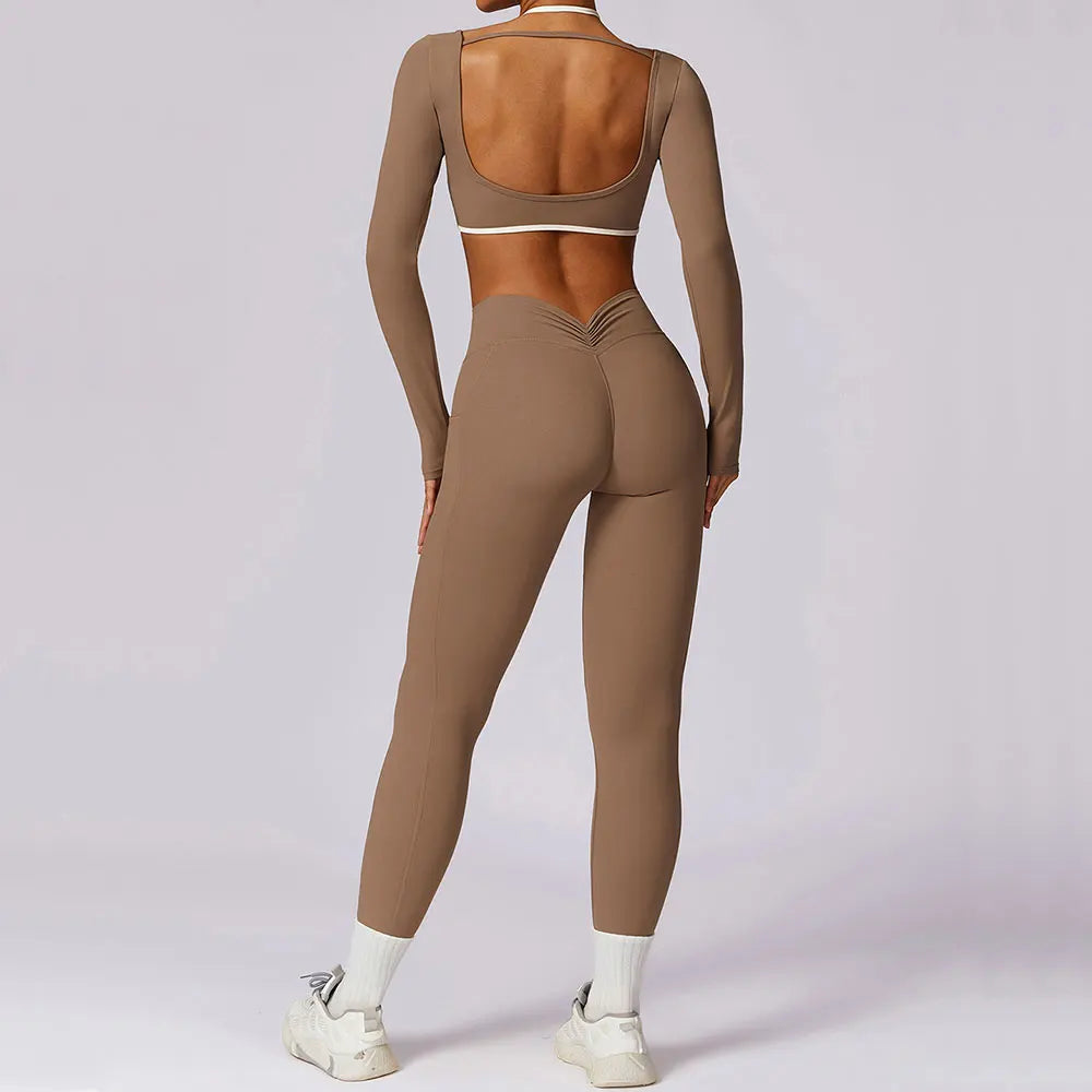 2 Peças Mulheres Treino Conjunto de Ioga Treino Sportswear Roupas de Ginástica Fitness Manga Comprida Crop Top Leggings de Cintura Alta Ternos Esportivos