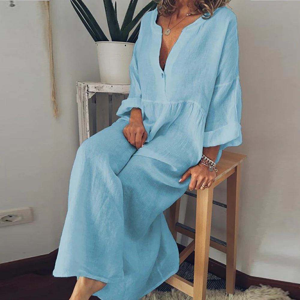 Vestido Longo de Linho de Algodão para Mulheres 2023 Verão Cor Pura Casual Manga Curta Camisa Vestido Praia Roupas Femininas Y2K Vestido Rob