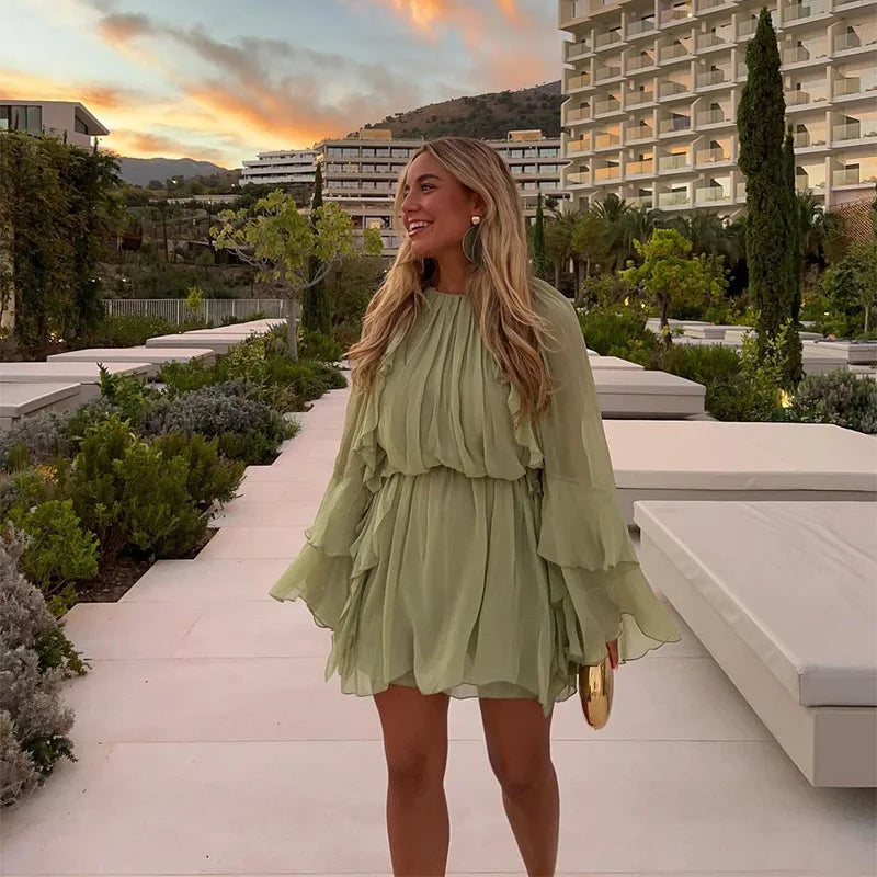 Mulheres elegantes verde irregular babados soltos mini vestido moda o pescoço manga cheia vestidos curtos primavera verão chique vestidos de senhora