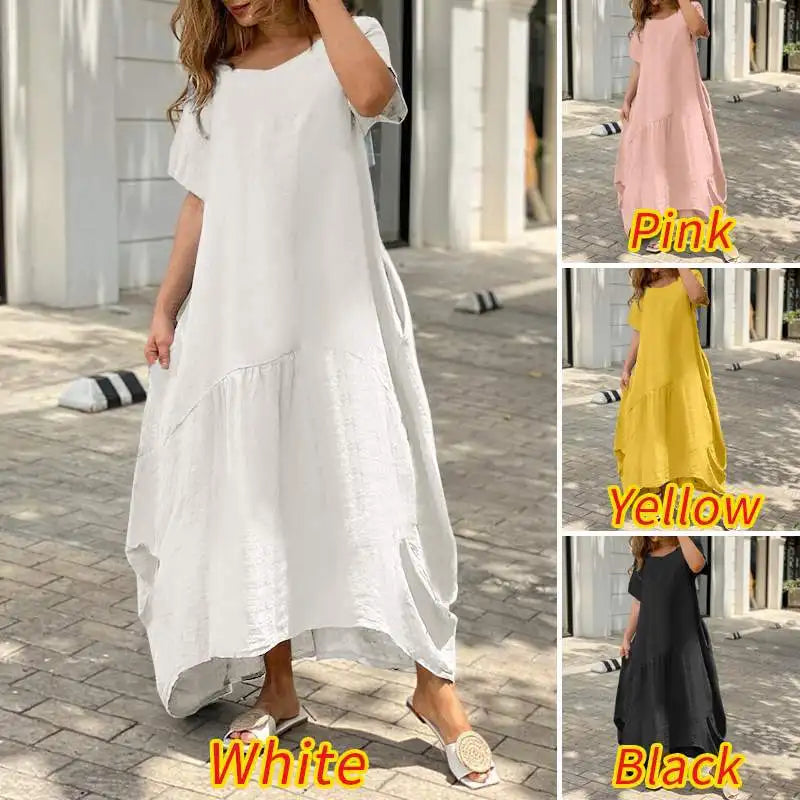 Mulheres Decote Em V Manga Curta Solta Vestido De Linho De Algodão Moda Verão Feminino Oversized S-5XL Longo Maxi Vestido JYFS-3029