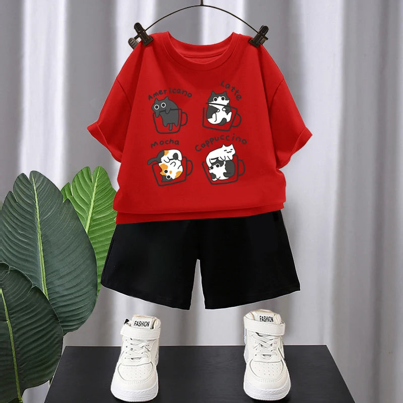 Verão Meninos Algodão T-shirts 5-12T Café Gatos Impresso Tops Cool Kids Tees Manga Curta Crianças Tops de Alta Qualidade Roupas Infantis