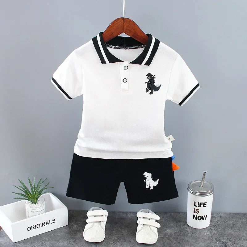 Verão Crianças Roupas Do Bebê Meninos Conjunto de Roupas Dinossauro Impresso Turn-down Collar T-Shirts Tops + Shorts 2PCS / Suit Conjuntos de Roupas Infantis