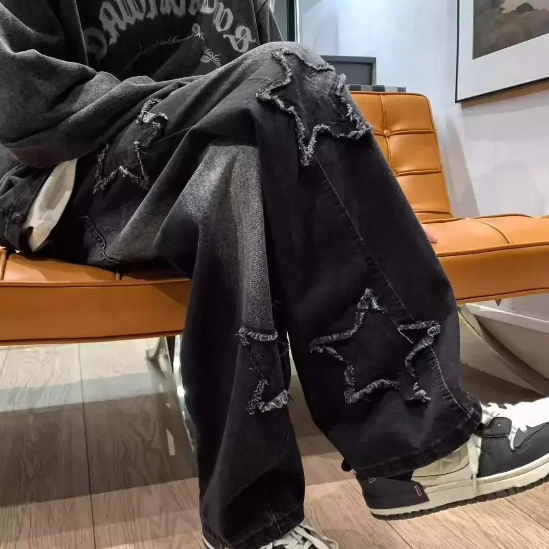 Estrelas Patchwork Homens Jeans Nova Moda Y2K Tassel Pants Coréia Roupas Em Linha Reta Hip Hop Emenda Calças Masculinas Streetwear