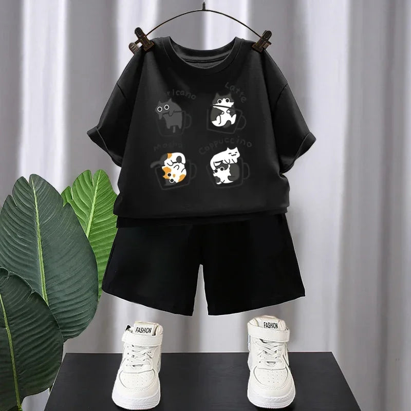 Verão Meninos Algodão T-shirts 5-12T Café Gatos Impresso Tops Cool Kids Tees Manga Curta Crianças Tops de Alta Qualidade Roupas Infantis