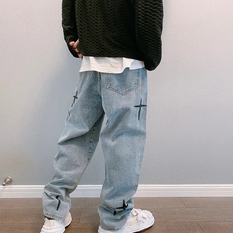 Estampas Jeans Homens 2023 Novo Streetwear Baggy Wide Leg Jeans Coreano Moda Cortinas Reta Casual Solta Denim Cargo Calças