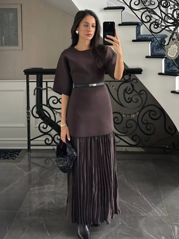 2025 Chic Splicing Brown Meia Manga Maxi Vestido Feminino Casual Plissado A Linha Slim Vestidos Femininos Escritório Comutar Vestes de Rua