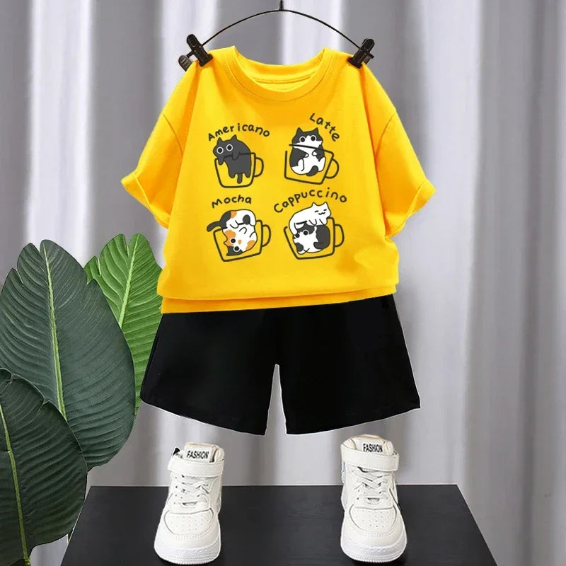 Verão Meninos Algodão T-shirts 5-12T Café Gatos Impresso Tops Cool Kids Tees Manga Curta Crianças Tops de Alta Qualidade Roupas Infantis