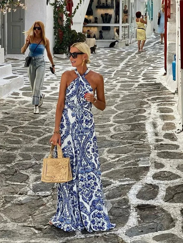 Fashion Trend Print Halter Neck Long Dresses Women Sexy Backless Sleeveless Vacation Style Maxi Dress Female Summer New Vestidos
