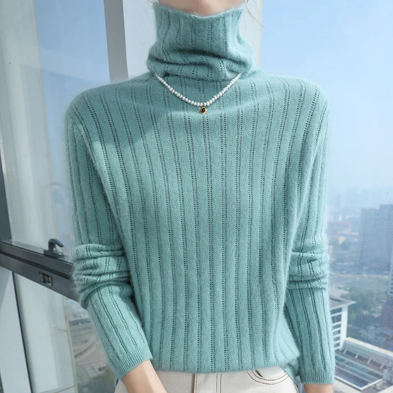 Pilha pescoço camisola mulheres 2025 outono einverno novo 100% puro vison cashmere camisola moda feminina malha pulôver de manga comprida