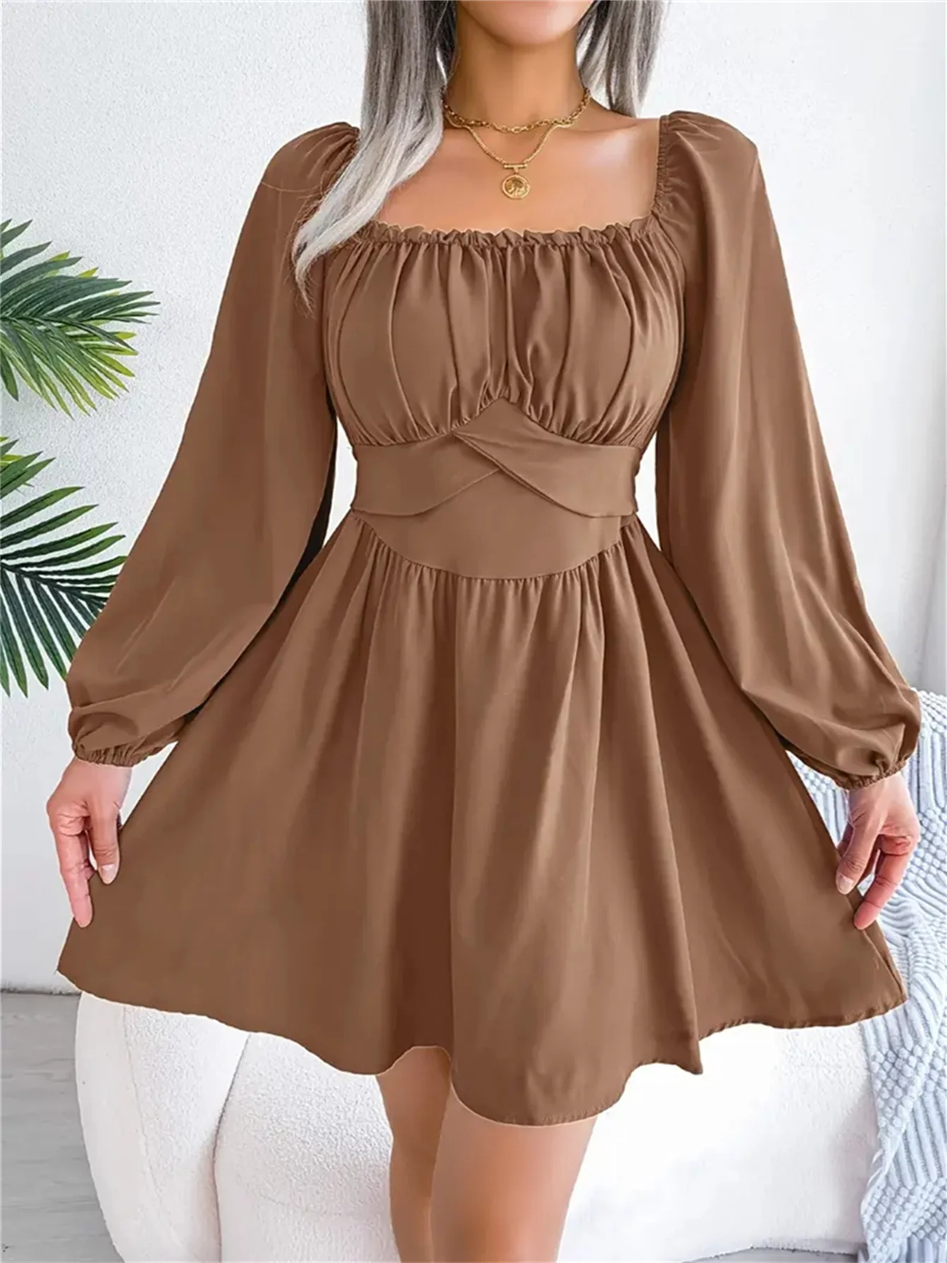 Vestido Casual Franzido com Decote Quadrado e Manga Longa com Acabamento em Babados para Primavera e Outono, Roupas Femininas