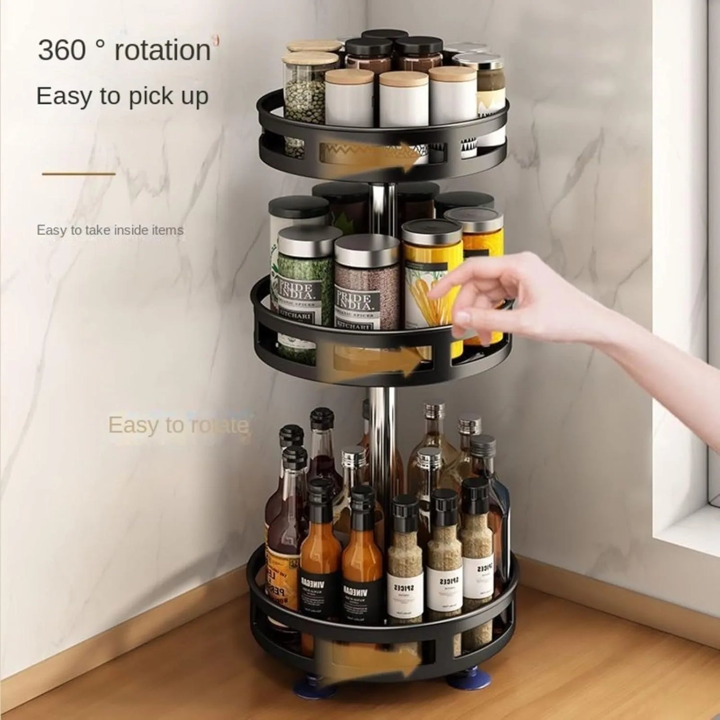 Organizador de rack de armazenamento de especiarias de cozinha rotativa de 360 ° Desktop sem perfuração Armazenamento de prateleira de garrafa de especiarias rotativa redonda de várias camadas doméstica