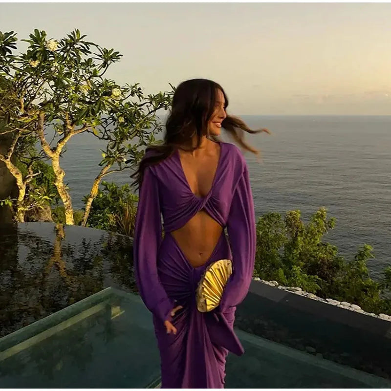 Vestido Maxi Fino Roxo Oco Out Mulheres Elegante Decote Em V Profundo Plissado Manga Cheia Vestidos Longos 2024 Vestes De Festa Da Senhora Da Moda