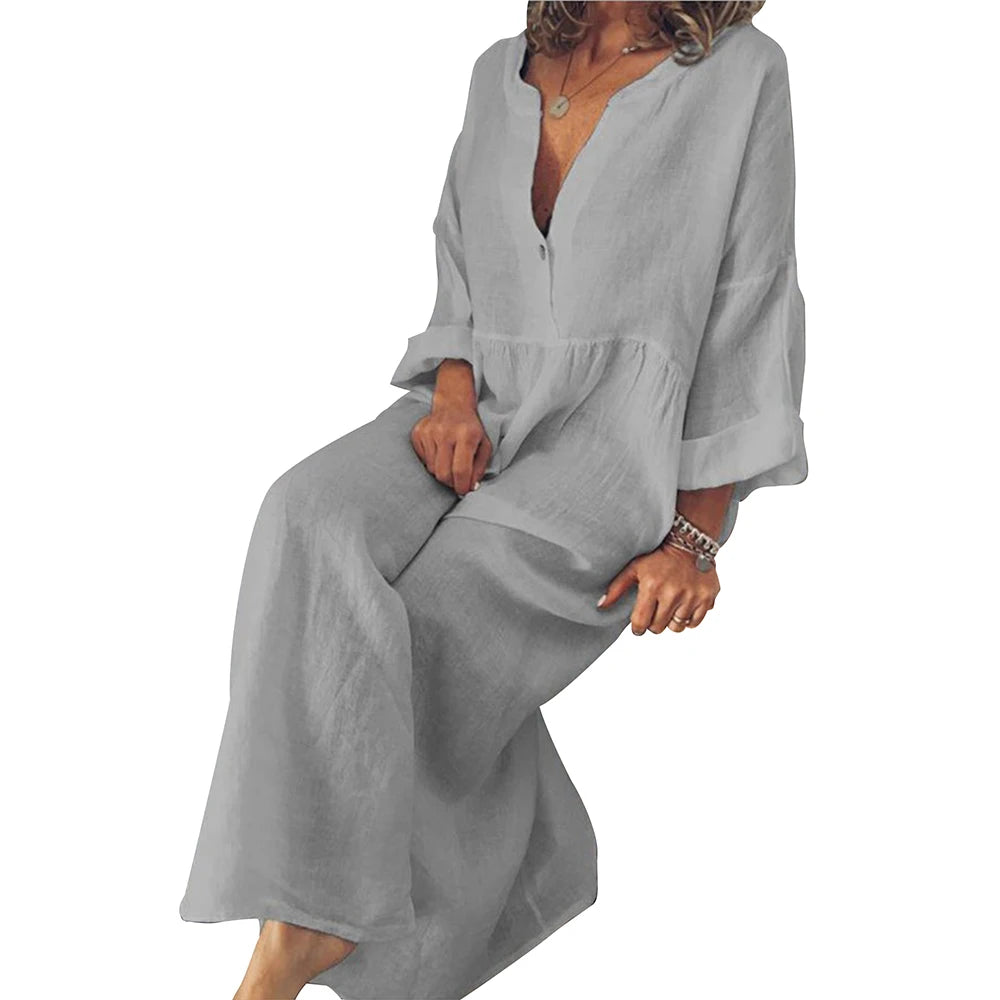 Vestido Longo de Linho de Algodão para Mulheres 2023 Verão Cor Pura Casual Manga Curta Camisa Vestido Praia Roupas Femininas Y2K Vestido Rob