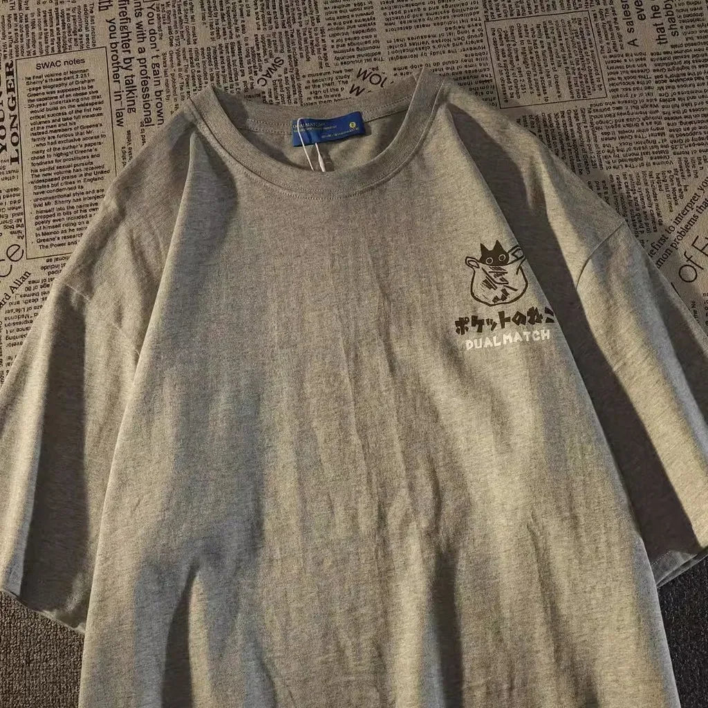 Verão japonês retro bolso gato desenho animado impresso manga curta camiseta masculino feminino casais unissex estilo universitário grande top
