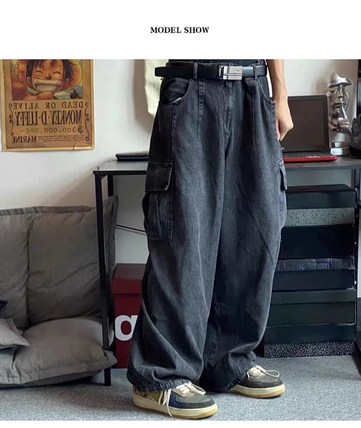 Calças Jeans Largas Calças Jeans Masculinas Calças Pretas de Perna Larga Jeans Masculinos Oversize Cargo Coreano Streetwear Hip Hop Harajuku