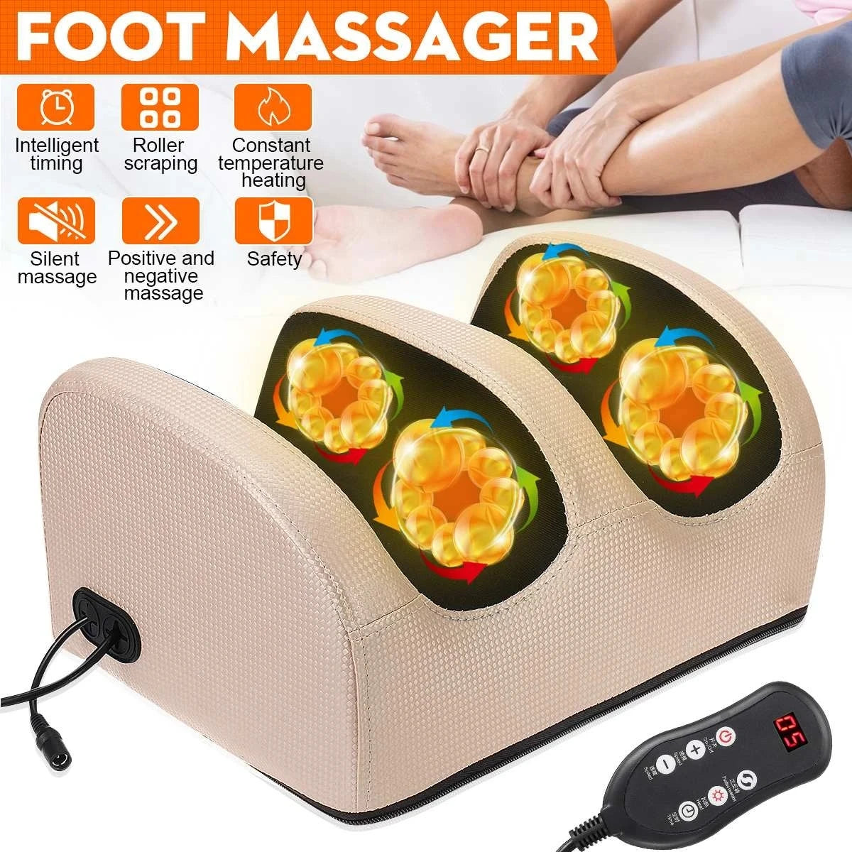 Massageador de Pés Elétrico com Aquecimento, Terapia de Compressão Quente, Shiatsu, Rolo de Amassamento para Relaxamento Muscular e Alívio da Fadiga - Máquina de Spa para Pés
