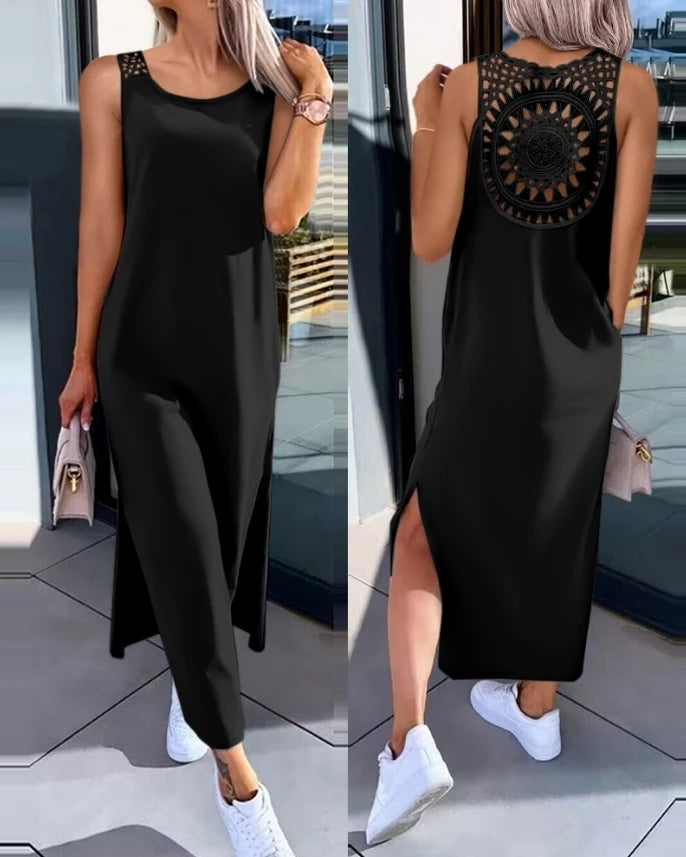 Vestidos Femininos 2024 Moda Verão Fenda Vazada Casual Tecido Decote Redondo Sem Mangas Diário Reto Vestido de Panturrilha Média