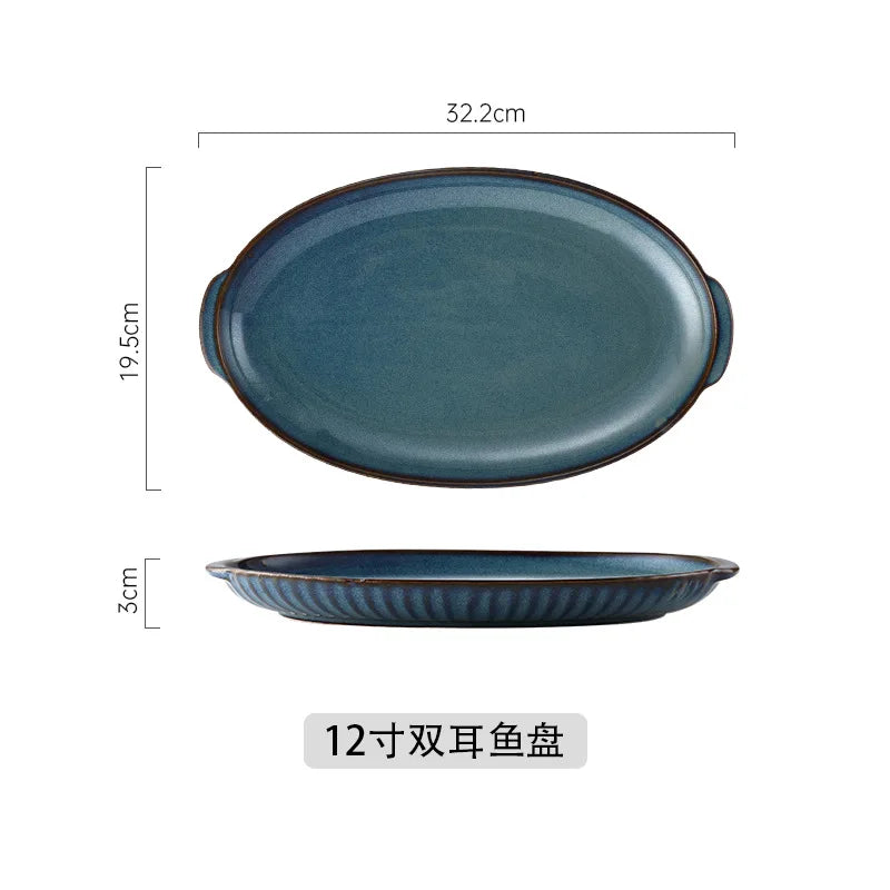 Pratos de cerâmica vitrificada em forno azul, pratos de jantar para micro-ondas, tigelas de salada de arroz redondas, talheres domésticos