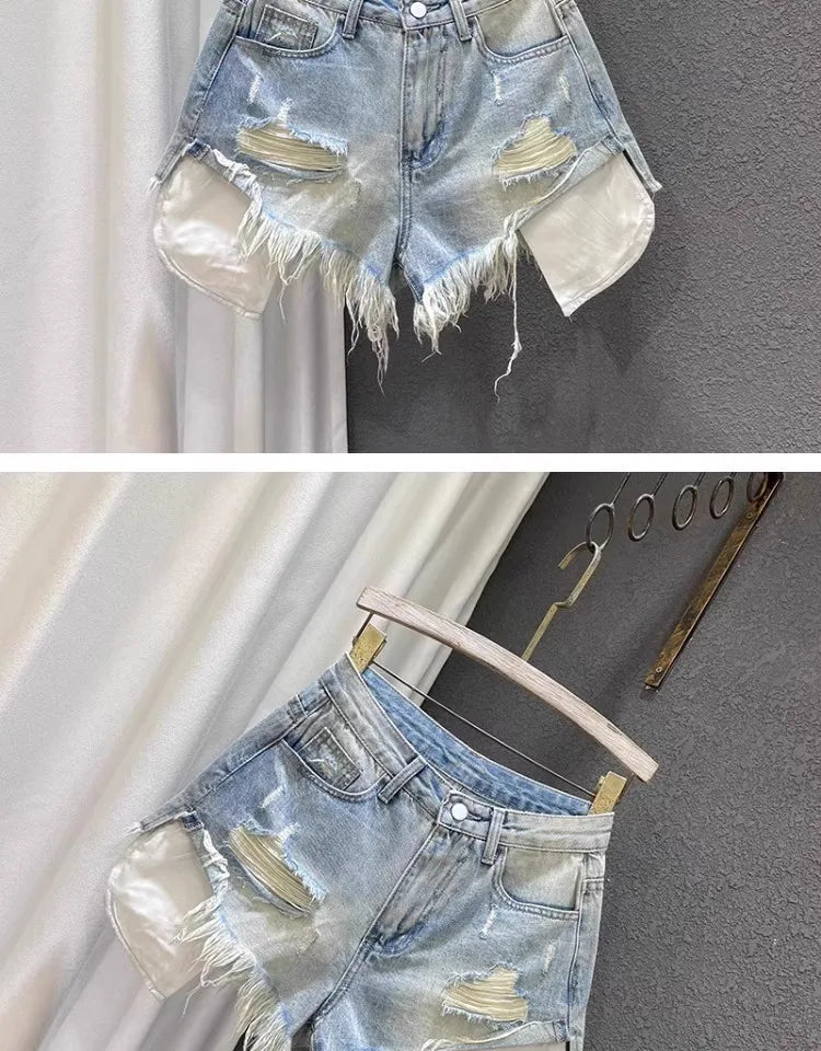2025 Novas Mulheres Cintura Alta Buracos de cor clara Projetado Shorts Jeans Femininos em forma de A Jeans rasgados s-xl rosa azul