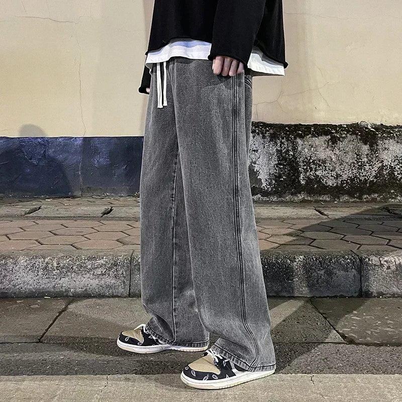 2024 Novo Streetwear Jeans Solto Masculino Estilo Coreano Moda Solta Reta Perna Larga Calças Masculinas Roupas de Marca Preto Azul Claro