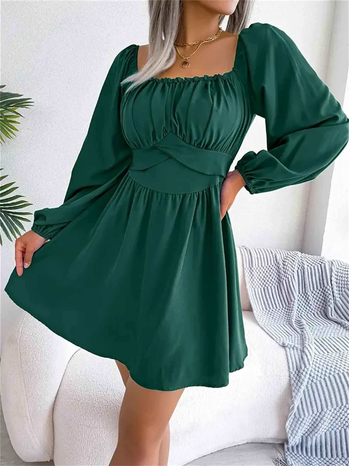 Vestido Casual Franzido com Decote Quadrado e Manga Longa com Acabamento em Babados para Primavera e Outono, Roupas Femininas