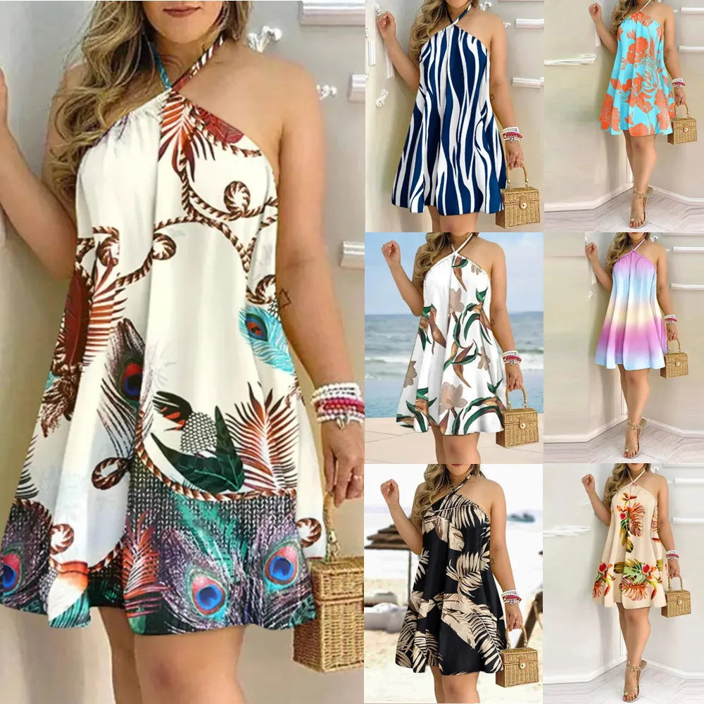 Vestido de Estampa Tropical com Decote Halter, Estilo de Férias Vestido Sem Costas para Primavera & Verão, Roupas Femininas