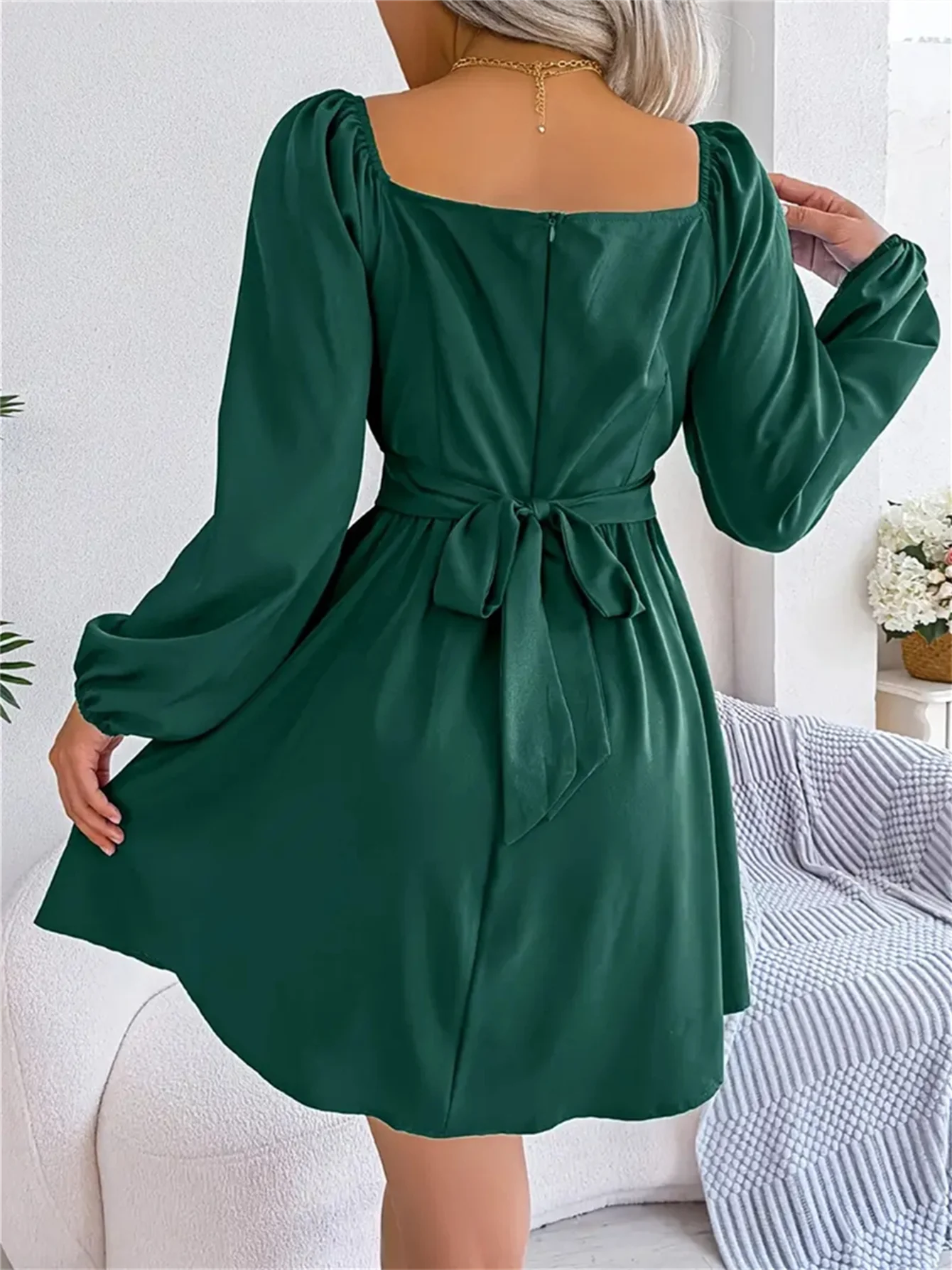 Vestido Casual Franzido com Decote Quadrado e Manga Longa com Acabamento em Babados para Primavera e Outono, Roupas Femininas