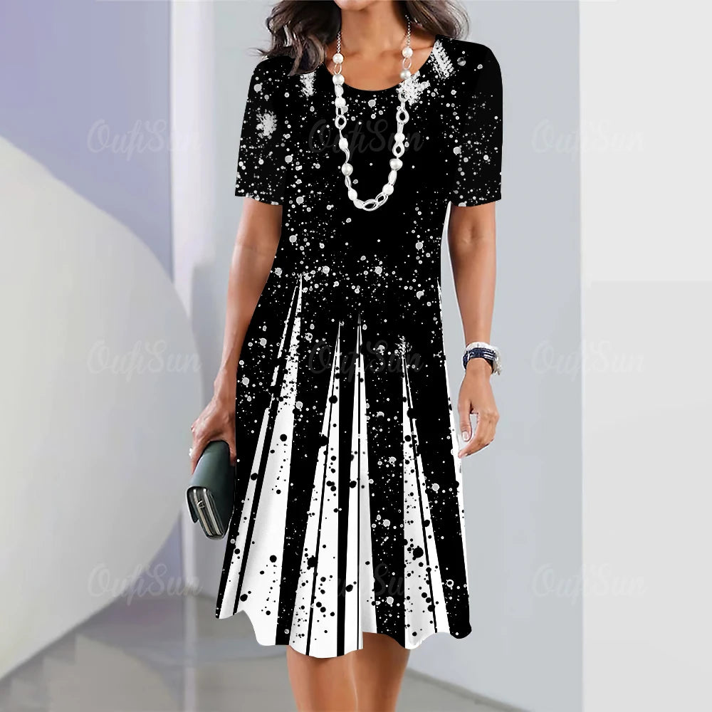 Moda Listrada Mulher Roupas Vestidos Simplicidade Imprimir Manga Curta Vestido Feminino Elegante Preto Feminino Vestido Longo Pulôver 2024