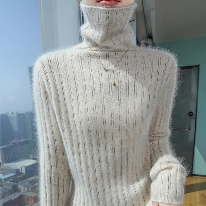 Pilha pescoço camisola mulheres 2025 outono einverno novo 100% puro vison cashmere camisola moda feminina malha pulôver de manga comprida