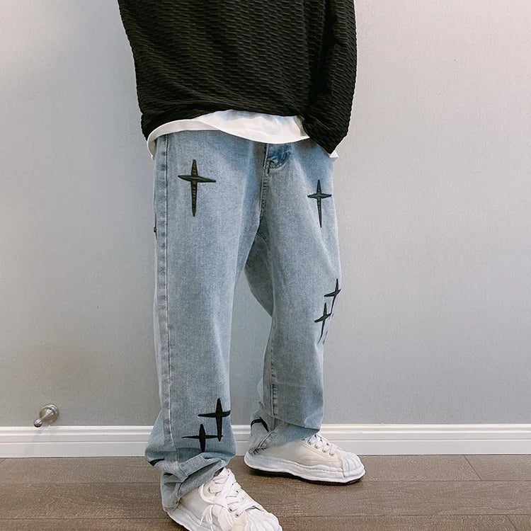 Estampas Jeans Homens 2023 Novo Streetwear Baggy Wide Leg Jeans Coreano Moda Cortinas Reta Casual Solta Denim Cargo Calças