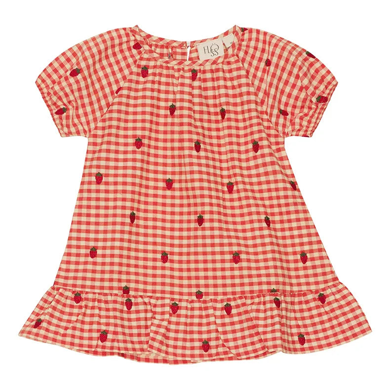 2024 Verão Floess Roupas Infantis Bebê Meninas Vestido de Algodão Xadrez Morango Manga Curta Camisetas Shorts Ternos Roupas Infantis