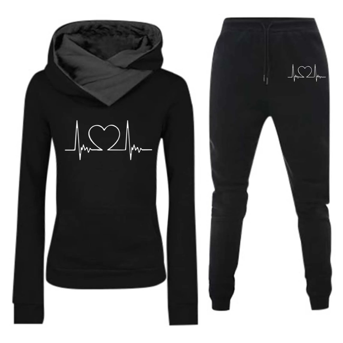 Mulheres Moletom Outono/Inverno Batimentos Cardíacos Frequência Impresso Veludo Moletom com Capuz Conjunto Casual