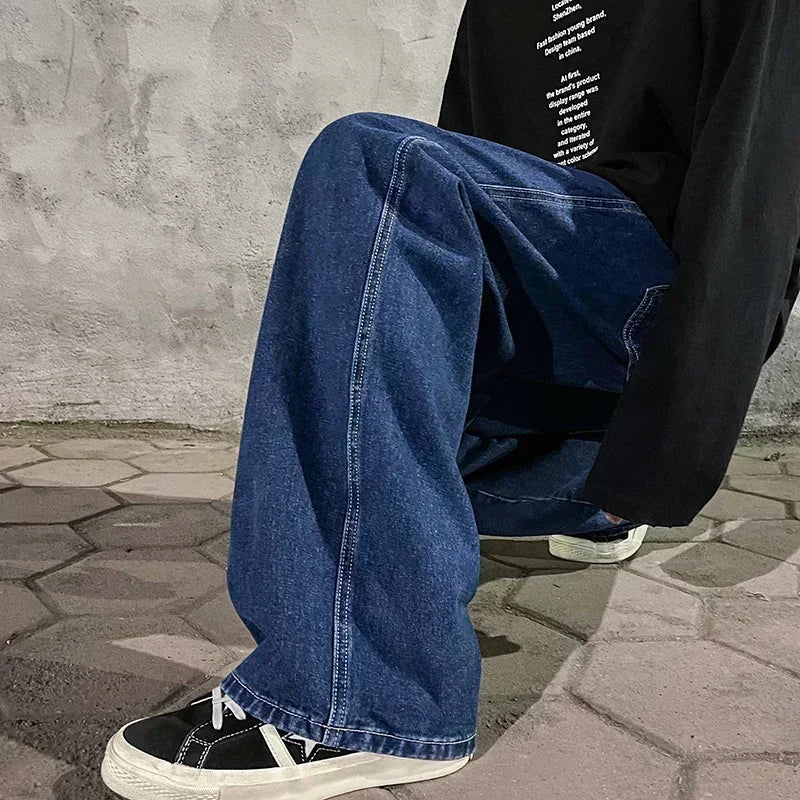 2024 Novo Streetwear Jeans Solto Masculino Estilo Coreano Moda Solta Reta Perna Larga Calças Masculinas Roupas de Marca Preto Azul Claro