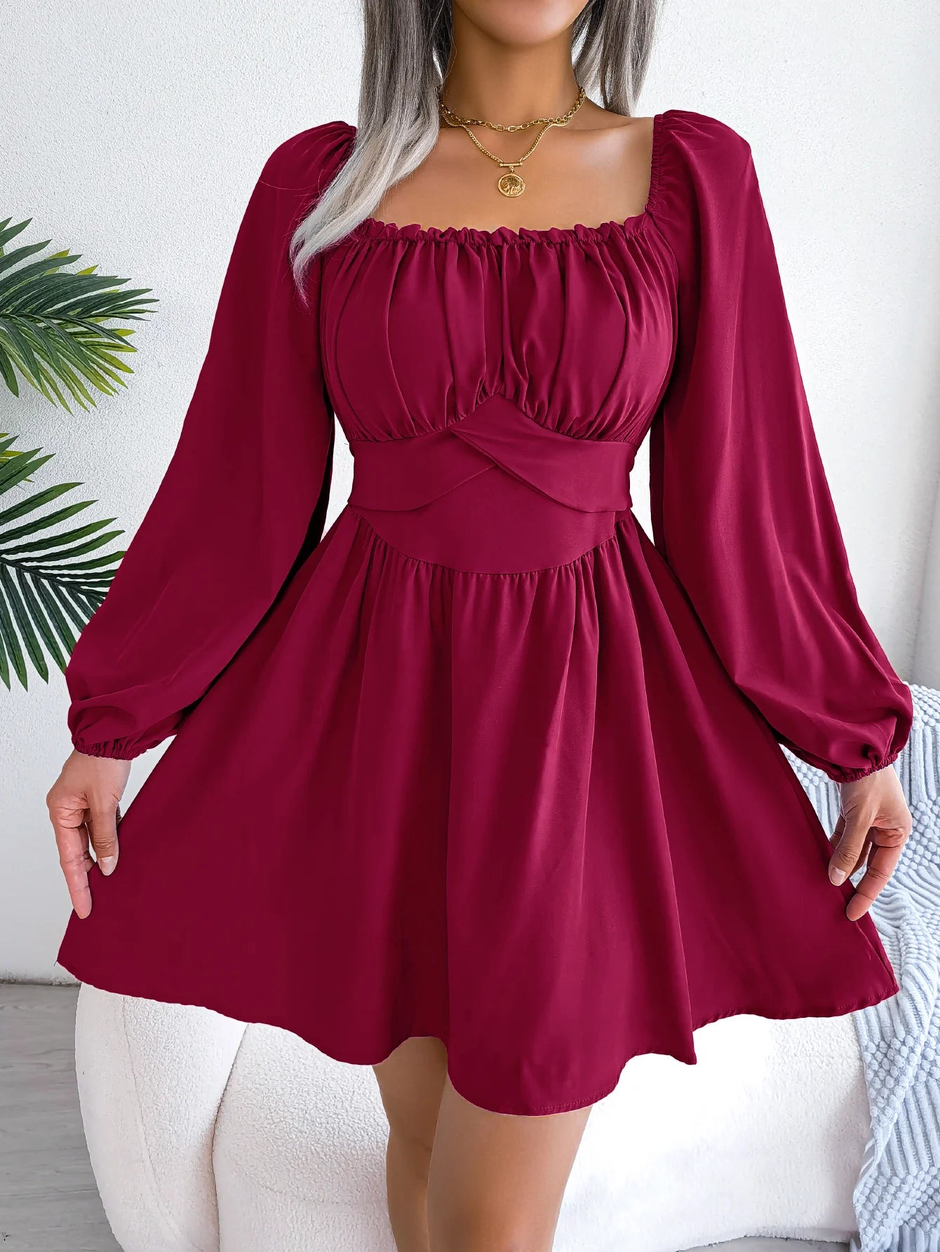 Vestido Casual Franzido com Decote Quadrado e Manga Longa com Acabamento em Babados para Primavera e Outono, Roupas Femininas