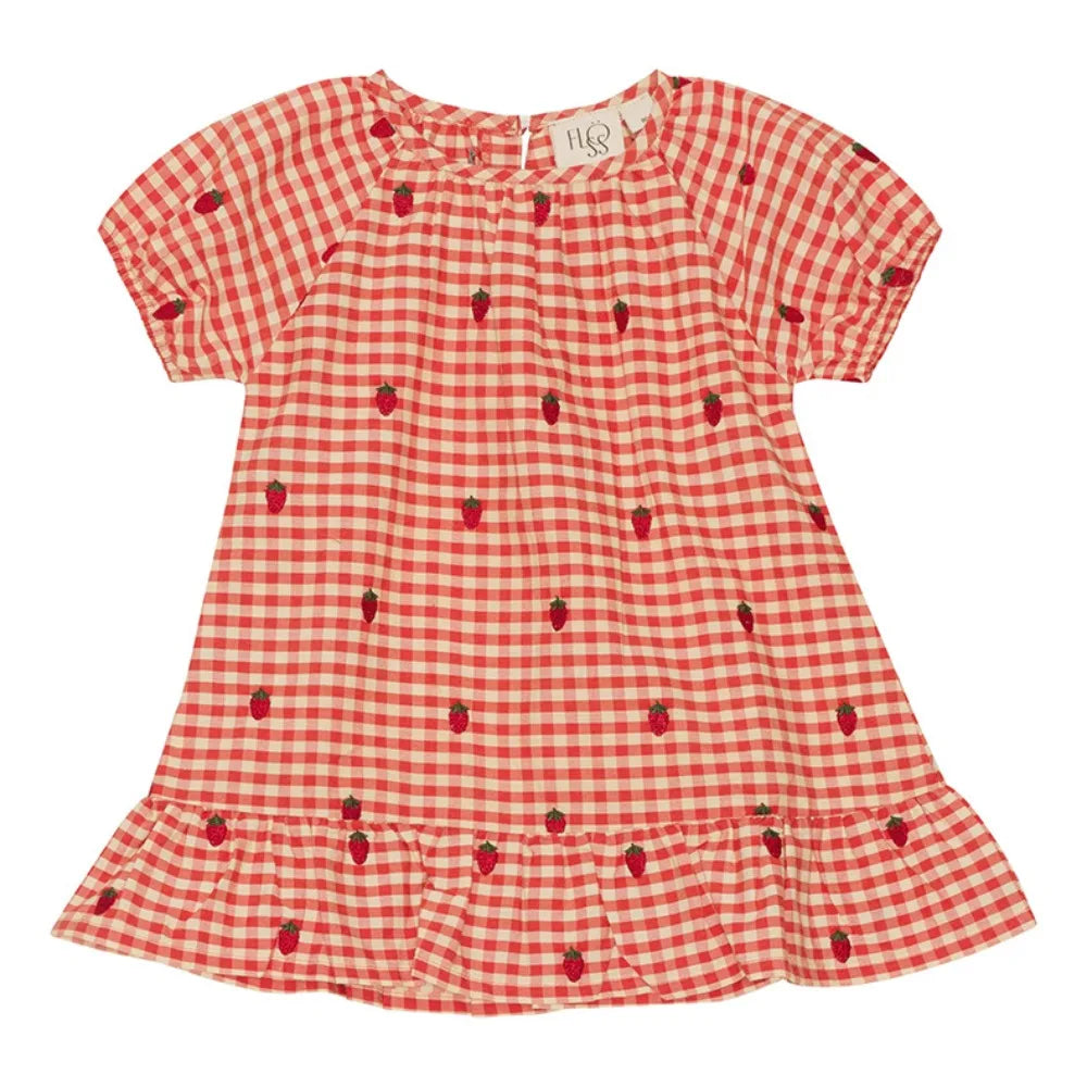 2024 Verão Floess Roupas Infantis Bebê Meninas Vestido de Algodão Xadrez Morango Manga Curta Camisetas Shorts Ternos Roupas Infantis