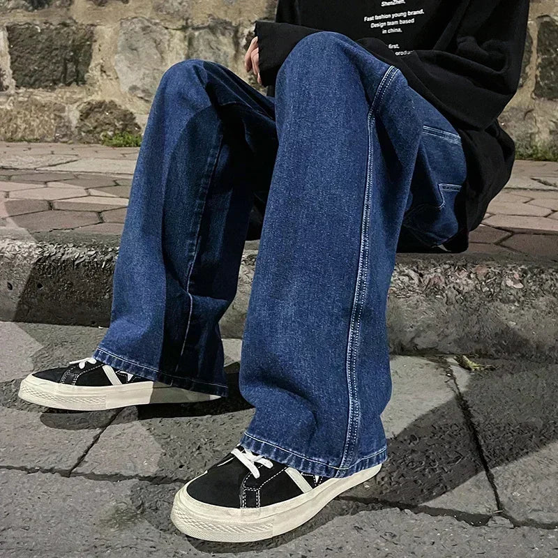 2024 Novo Streetwear Jeans Solto Masculino Estilo Coreano Moda Solta Reta Perna Larga Calças Masculinas Roupas de Marca Preto Azul Claro