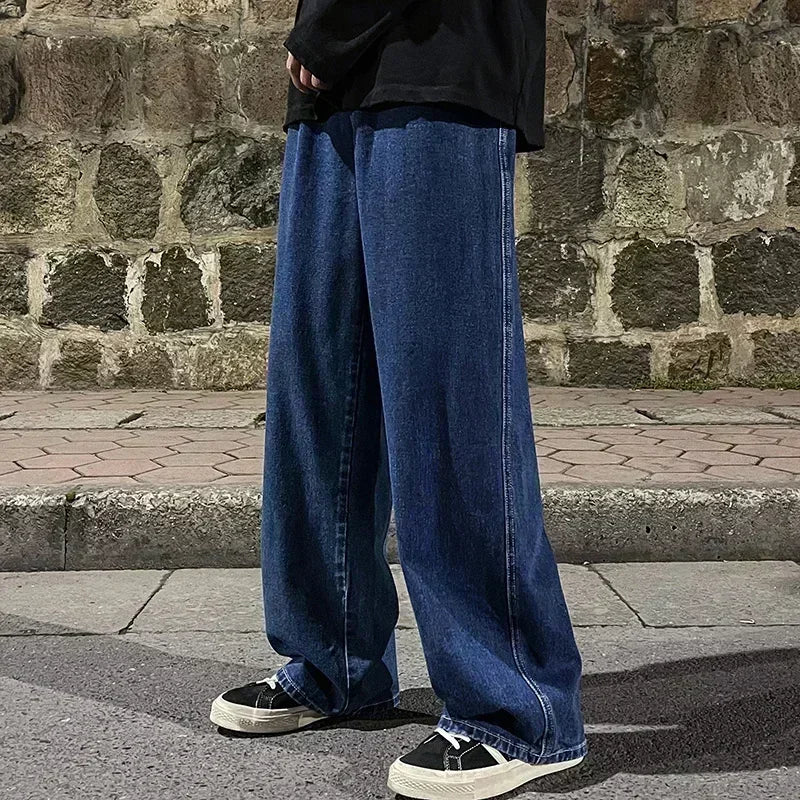 2024 Novo Streetwear Jeans Solto Masculino Estilo Coreano Moda Solta Reta Perna Larga Calças Masculinas Roupas de Marca Preto Azul Claro