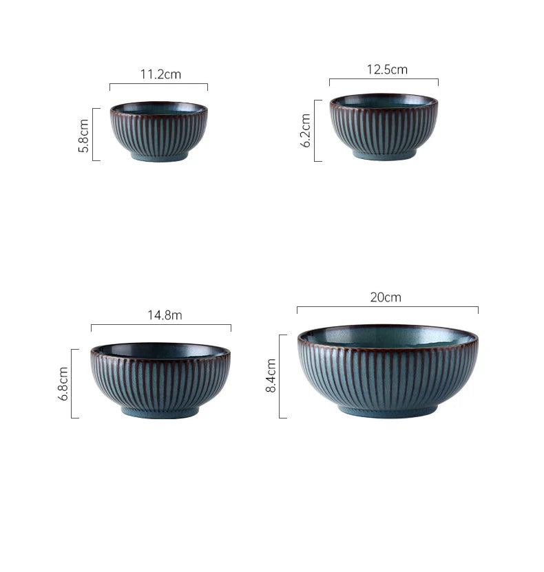 Pratos de cerâmica vitrificada em forno azul, pratos de jantar para micro-ondas, tigelas de salada de arroz redondas, talheres domésticos